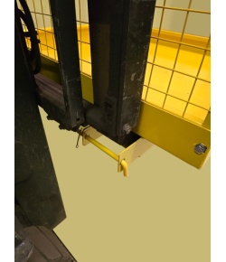 Yellow WP25 Forklift Safety Access Cage - Showing Heel Hooks In Use 