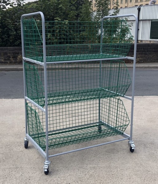 Wire Basket Trolley 3 Baskets Size 1220x680x480mm Steps and Stillages