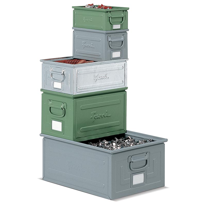 Metal tote bins interstacked with eachother