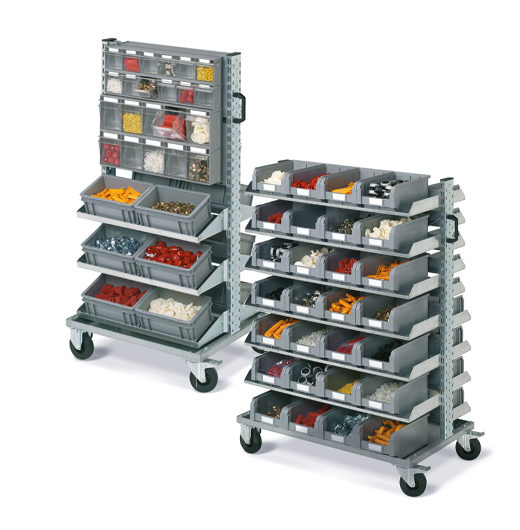 Metal tote bins interstacked with eachother