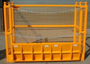 Painted Forklift goods cage with mesh sides and folding flap with chain front