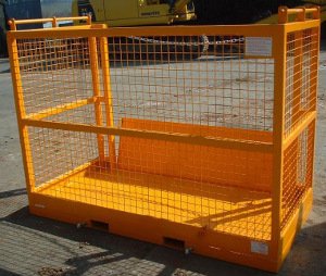 Painted Forklift goods cage with mesh sides and folding flap up