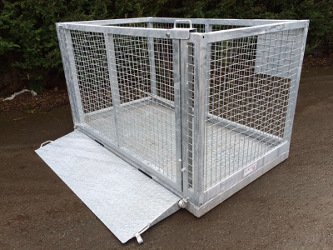 Galvanized Forklift goods cage with mesh door and folding flap down Galvanized Forklift goods cage with mesh door and folding flap down