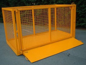 Forklift goods cage with mesh door and folding flap