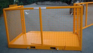 Forklift goods cage with mesh door and folding flap and fork pockets