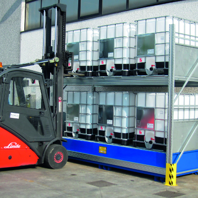 Picture of shelving for six IBCs with forklift